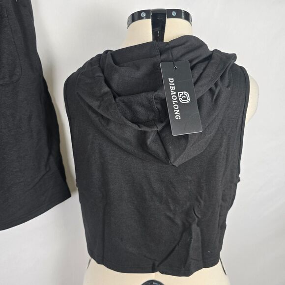 Dibaolong Athletic Set Women's XL Black Sleeveless Hoodie & Drawstring Shorts - Picture 4 of 14